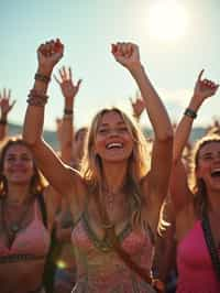 a woman enjoying the live music on a sunny day, surrounded by colorful festival-goers  and raising their hands in excitement