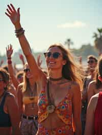 a woman enjoying the live music on a sunny day, surrounded by colorful festival-goers  and raising their hands in excitement