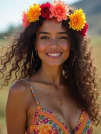 a stunning woman with flowing curly hair and flower accessories , capturing the essence of festival fashion and individuality