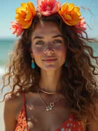 a stunning woman with flowing curly hair and flower accessories , capturing the essence of festival fashion and individuality