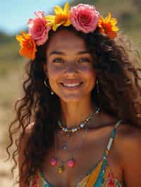 a stunning woman with flowing curly hair and flower accessories , capturing the essence of festival fashion and individuality