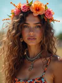 a stunning woman with flowing curly hair and flower accessories , capturing the essence of festival fashion and individuality