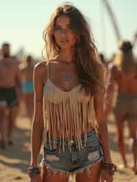 a woman in a fringed crop top and high-waisted shorts , embodying the free-spirited and carefree nature of a music festival