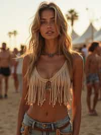 a woman in a fringed crop top and high-waisted shorts , embodying the free-spirited and carefree nature of a music festival