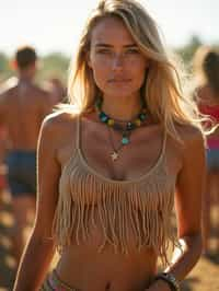 a woman in a fringed crop top and high-waisted shorts , embodying the free-spirited and carefree nature of a music festival