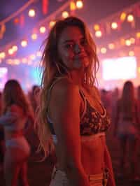 an incredibly attractive woman in a festival outfit, embracing the festival vibes and posing against a backdrop of colorful stage lights and decorations