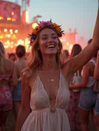 a stunning woman as a festival-goer, dancing and enjoying the music in a vibrant crowd, wearing a boho chic dress and flower crown