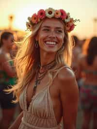 a stunning woman as a festival-goer, dancing and enjoying the music in a vibrant crowd, wearing a boho chic dress and flower crown