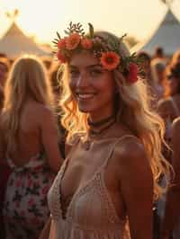 a stunning woman as a festival-goer, dancing and enjoying the music in a vibrant crowd, wearing a boho chic dress and flower crown