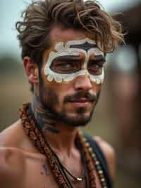 a man with  a tribal face paint design, adding an element of tribal and cultural inspiration to their festival look