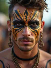 a man with  a tribal face paint design, adding an element of tribal and cultural inspiration to their festival look