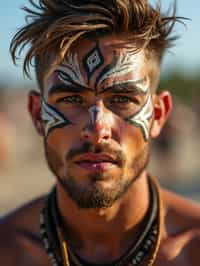 a man with  a tribal face paint design, adding an element of tribal and cultural inspiration to their festival look