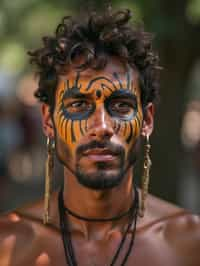 a man with  a tribal face paint design, adding an element of tribal and cultural inspiration to their festival look