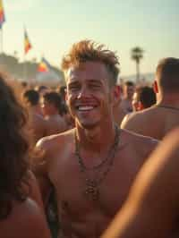 a stunning man surrounded by  a crowd of fellow festival-goers, capturing the sense of community and celebration at the festival