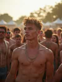 a stunning man surrounded by  a crowd of fellow festival-goers, capturing the sense of community and celebration at the festival