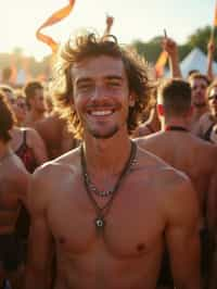 a stunning man surrounded by  a crowd of fellow festival-goers, capturing the sense of community and celebration at the festival