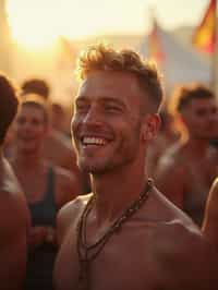 a stunning man surrounded by  a crowd of fellow festival-goers, capturing the sense of community and celebration at the festival