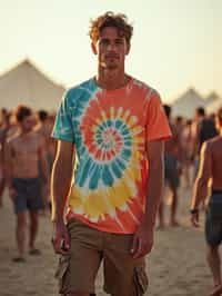 a man in  a tie-dye t-shirt and cargo shorts, embodying the DIY and personalization culture of music festivals