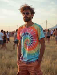 a man in  a tie-dye t-shirt and cargo shorts, embodying the DIY and personalization culture of music festivals