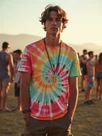 a man in  a tie-dye t-shirt and cargo shorts, embodying the DIY and personalization culture of music festivals