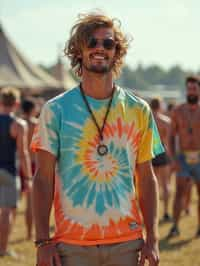 a man in  a tie-dye t-shirt and cargo shorts, embodying the DIY and personalization culture of music festivals