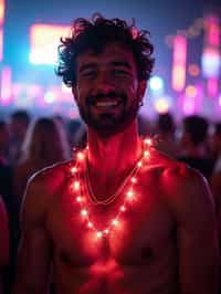 a man with  glowing LED accessories, standing out in the crowd and embracing the festival's vibrant atmosphere