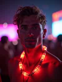 a man with  glowing LED accessories, standing out in the crowd and embracing the festival's vibrant atmosphere