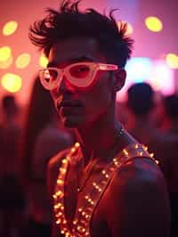 a man with  glowing LED accessories, standing out in the crowd and embracing the festival's vibrant atmosphere