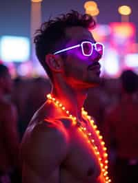 a man with  glowing LED accessories, standing out in the crowd and embracing the festival's vibrant atmosphere