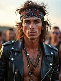 a stunning man in  a leather jacket and bandana, embodying the fusion of bohemian and rock n roll styles at the festival