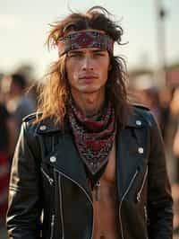 a stunning man in  a leather jacket and bandana, embodying the fusion of bohemian and rock n roll styles at the festival