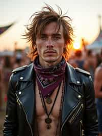 a stunning man in  a leather jacket and bandana, embodying the fusion of bohemian and rock n roll styles at the festival