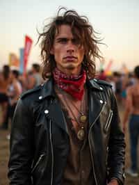 a stunning man in  a leather jacket and bandana, embodying the fusion of bohemian and rock n roll styles at the festival