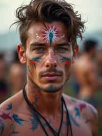 a man with  bold face and body art, capturing the artistic and expressive side of the music festival experience