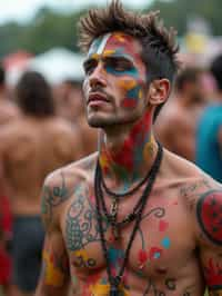 a man with  bold face and body art, capturing the artistic and expressive side of the music festival experience