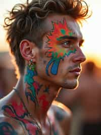 a man with  bold face and body art, capturing the artistic and expressive side of the music festival experience