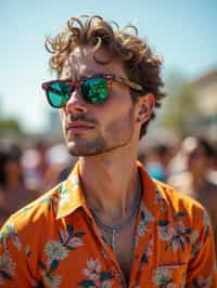 a stunning man in  a vibrant button-up shirt and funky sunglasses, capturing their eclectic and fashionable festival look