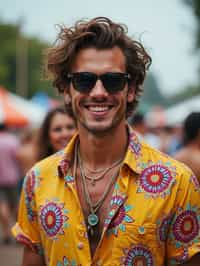 a stunning man in  a vibrant button-up shirt and funky sunglasses, capturing their eclectic and fashionable festival look