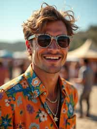 a stunning man in  a vibrant button-up shirt and funky sunglasses, capturing their eclectic and fashionable festival look