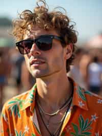 a stunning man in  a vibrant button-up shirt and funky sunglasses, capturing their eclectic and fashionable festival look