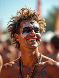 a man enjoying a live performance on a sunny day, with  a bold face paint design, radiating the joy and excitement of the festival