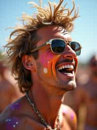 a man enjoying a live performance on a sunny day, with  a bold face paint design, radiating the joy and excitement of the festival