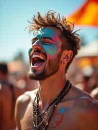 a man enjoying a live performance on a sunny day, with  a bold face paint design, radiating the joy and excitement of the festival