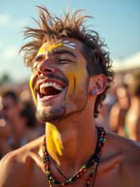 a man enjoying a live performance on a sunny day, with  a bold face paint design, radiating the joy and excitement of the festival