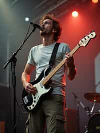 a man in  a t-shirt and cargo pants, capturing their infectious energy and enthusiasm for the music