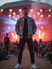 a man in  a cool bomber jacket and sneakers, striking a pose in front of a stage backdrop, capturing the excitement of a music festival