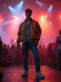 a man in  a cool bomber jacket and sneakers, striking a pose in front of a stage backdrop, capturing the excitement of a music festival