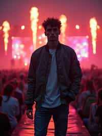 a man in  a cool bomber jacket and sneakers, striking a pose in front of a stage backdrop, capturing the excitement of a music festival