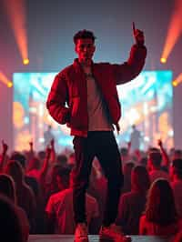 a man in  a cool bomber jacket and sneakers, striking a pose in front of a stage backdrop, capturing the excitement of a music festival