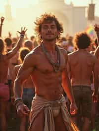 a man in a festival-inspired outfit, dancing with  a crowd of fellow festival-goers, capturing the energetic and lively atmosphere